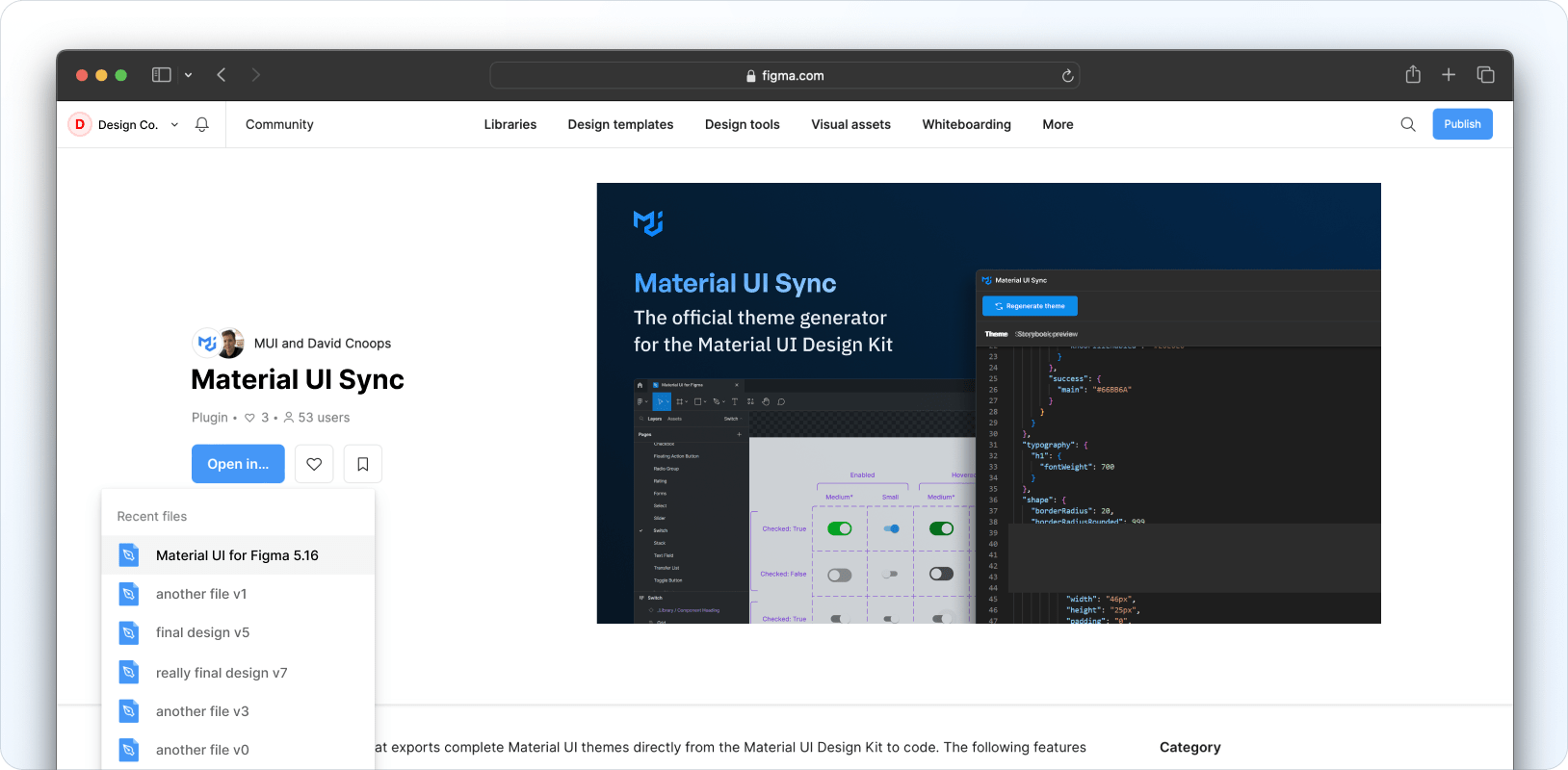 Accessing Material UI Sync via the Resources menu in Figma.